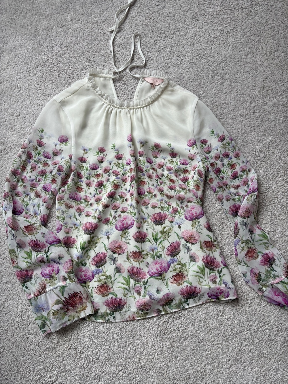 Ted Baker Floral Tie-Neck Blouse in Cream and Pink